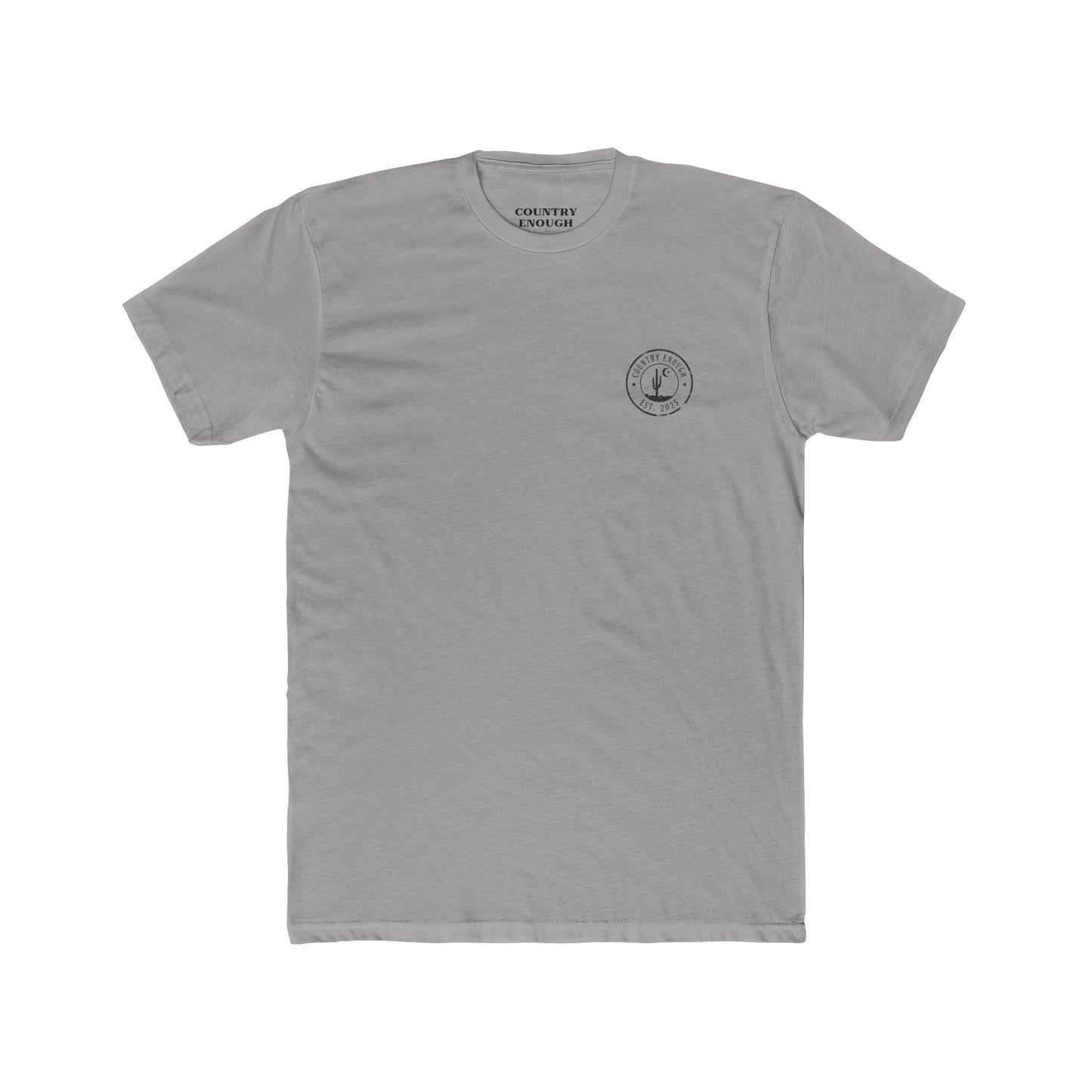 Gray t-shirt with graphic of mountains, cacti, and moon and star over a desert landscape with words country enough #gray