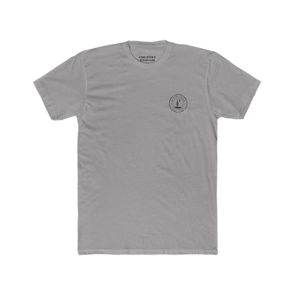 Gray t-shirt with graphic of mountains, cacti, and moon and star over a desert landscape with words country enough #gray