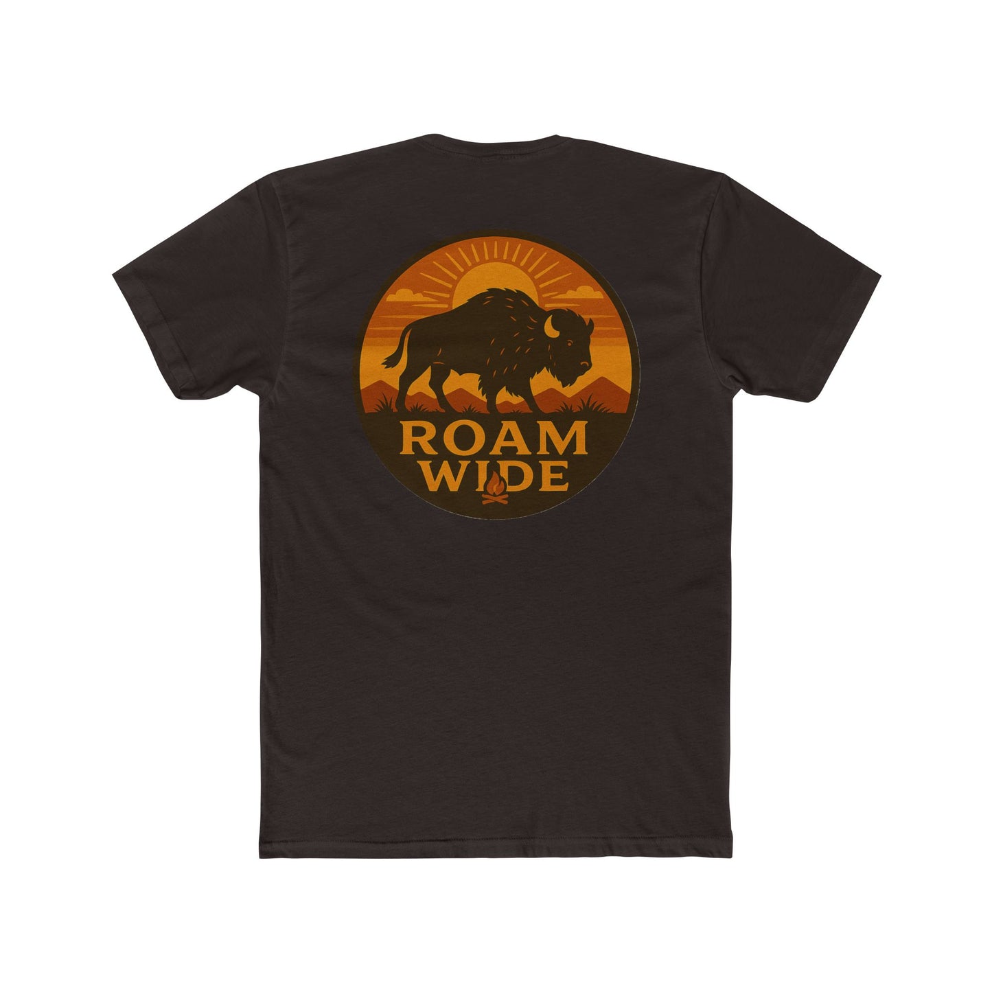 Dark Brown t-shirt with circular graphic with a bison, mountains, campfire, sun shining, and the words roam wide #darkbrown