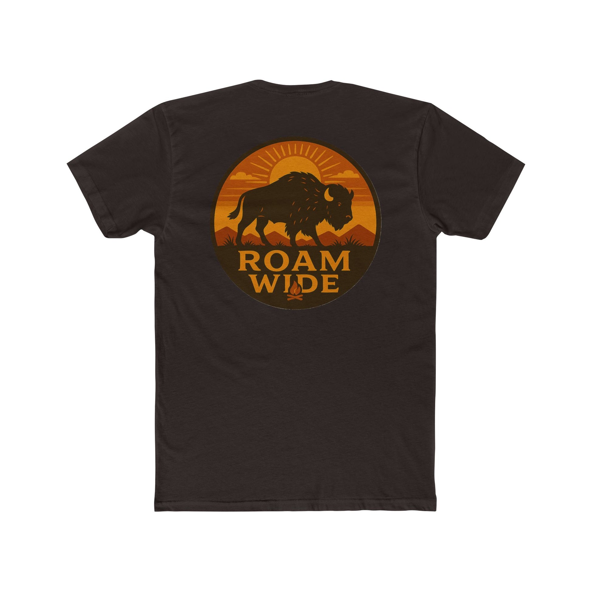 Dark Brown t-shirt with circular graphic with a bison, mountains, campfire, sun shining, and the words roam wide #darkbrown
