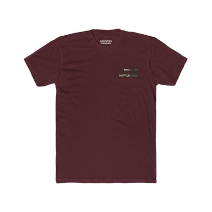 Maroon t-shirt with graphic of a big star, mountain design inside the star, and large feather overlapping #maroon