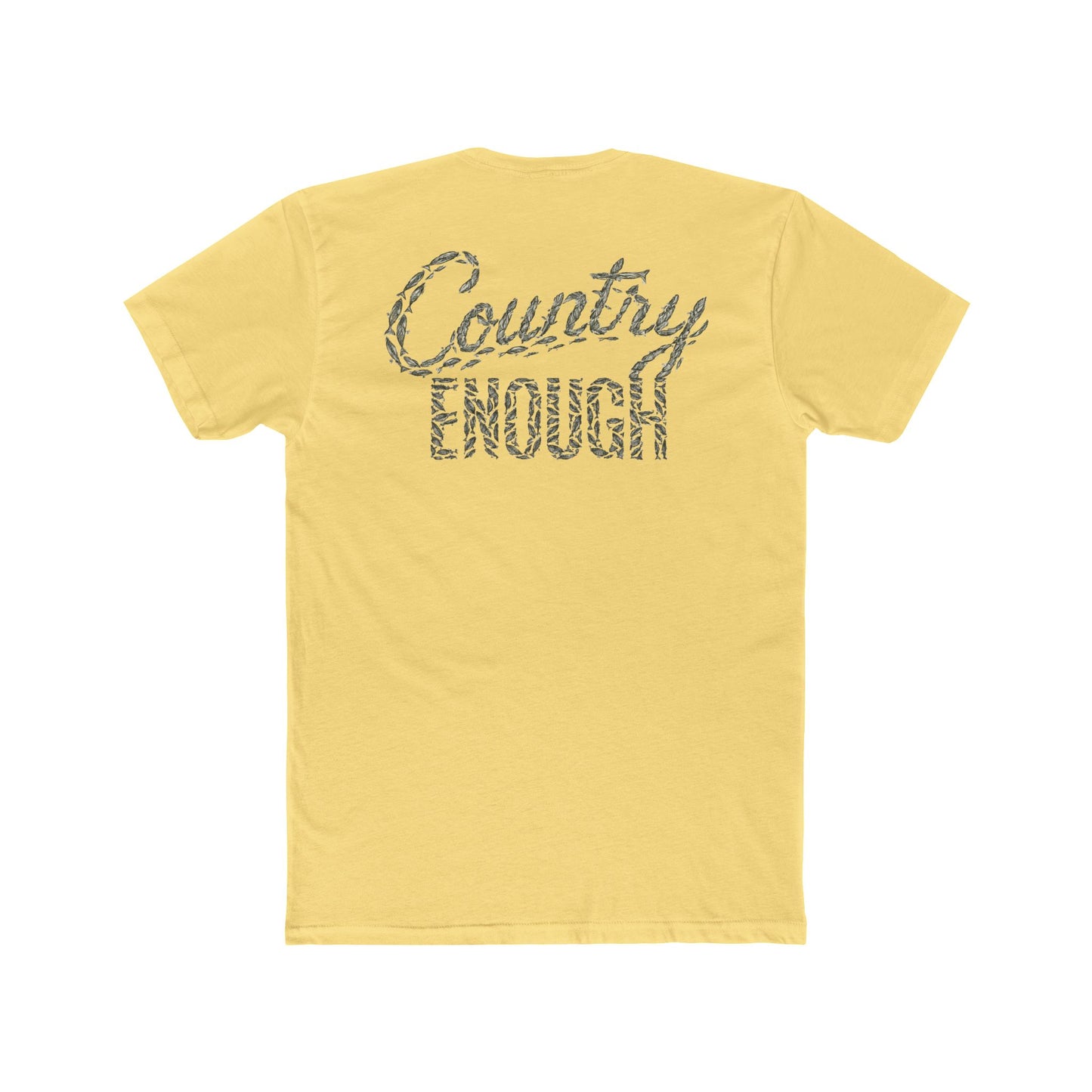 Yellow t-shirt with graphic of the words country enough shaped with fish #yellow