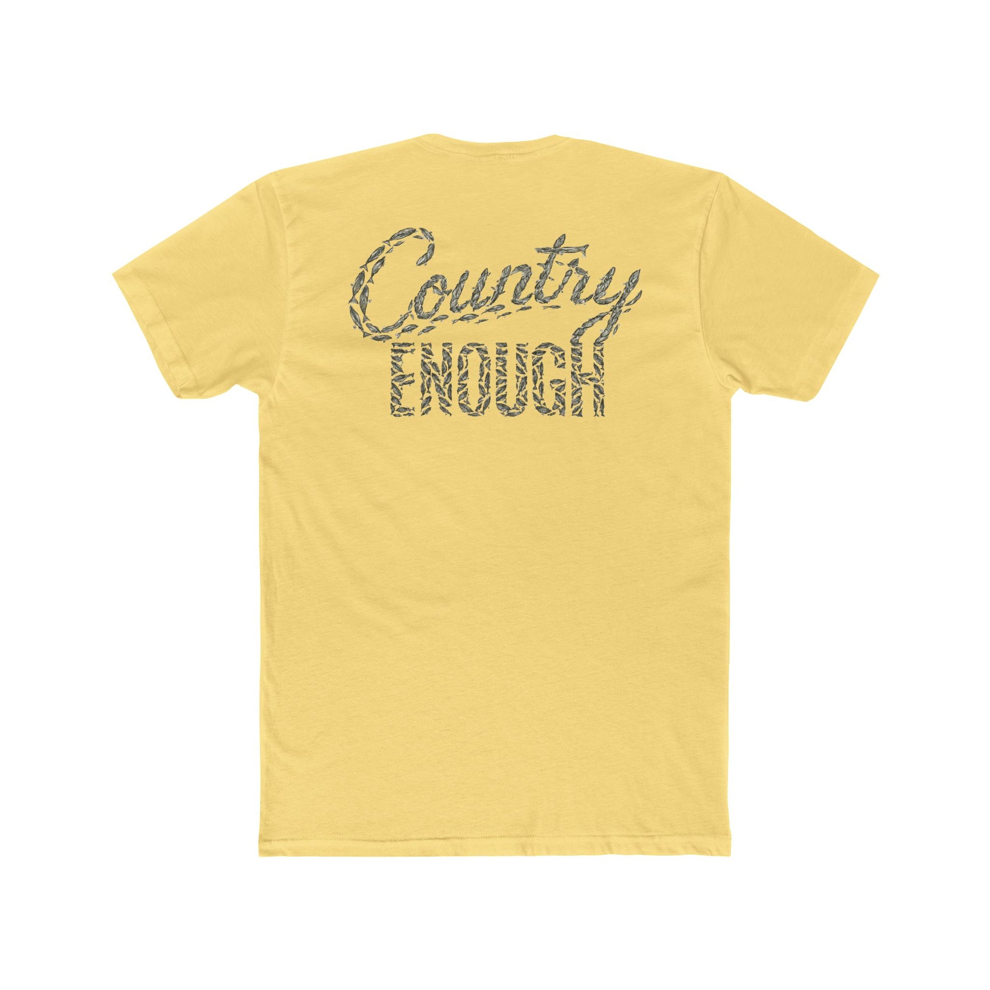 Yellow t-shirt with graphic of the words country enough shaped with fish #yellow
