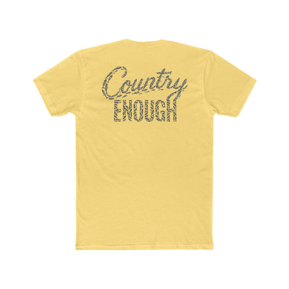 Yellow t-shirt with graphic of the words country enough shaped with fish #yellow