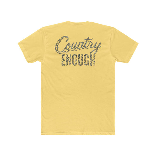 Yellow t-shirt with graphic of the words country enough shaped with fish #yellow