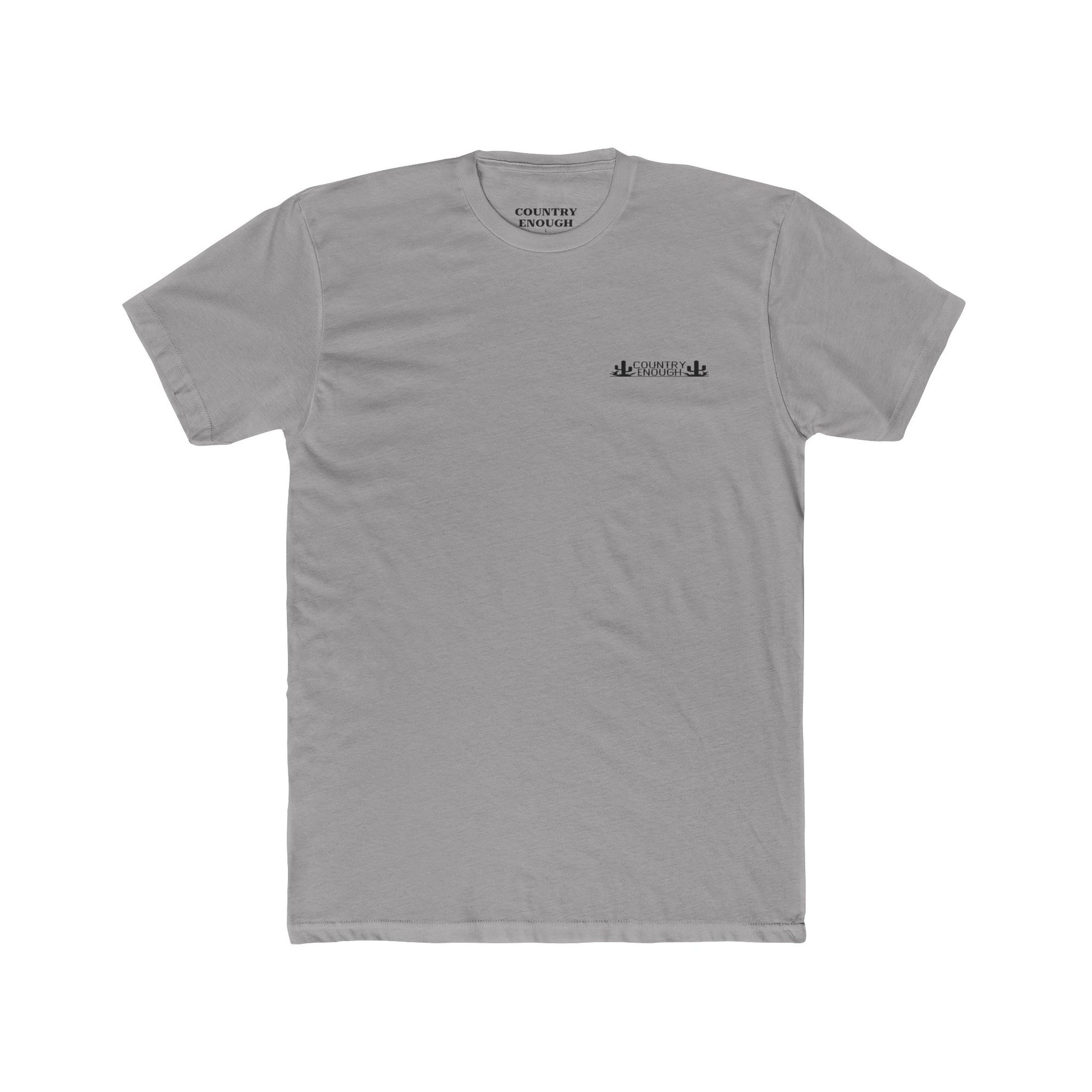 Gray t-shirt with mountain peaks, an open road, and desert cacti graphic #gray