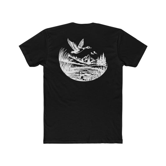 Black t-shirt with graphic of a duck, mountains, pine trees, and a lake #black