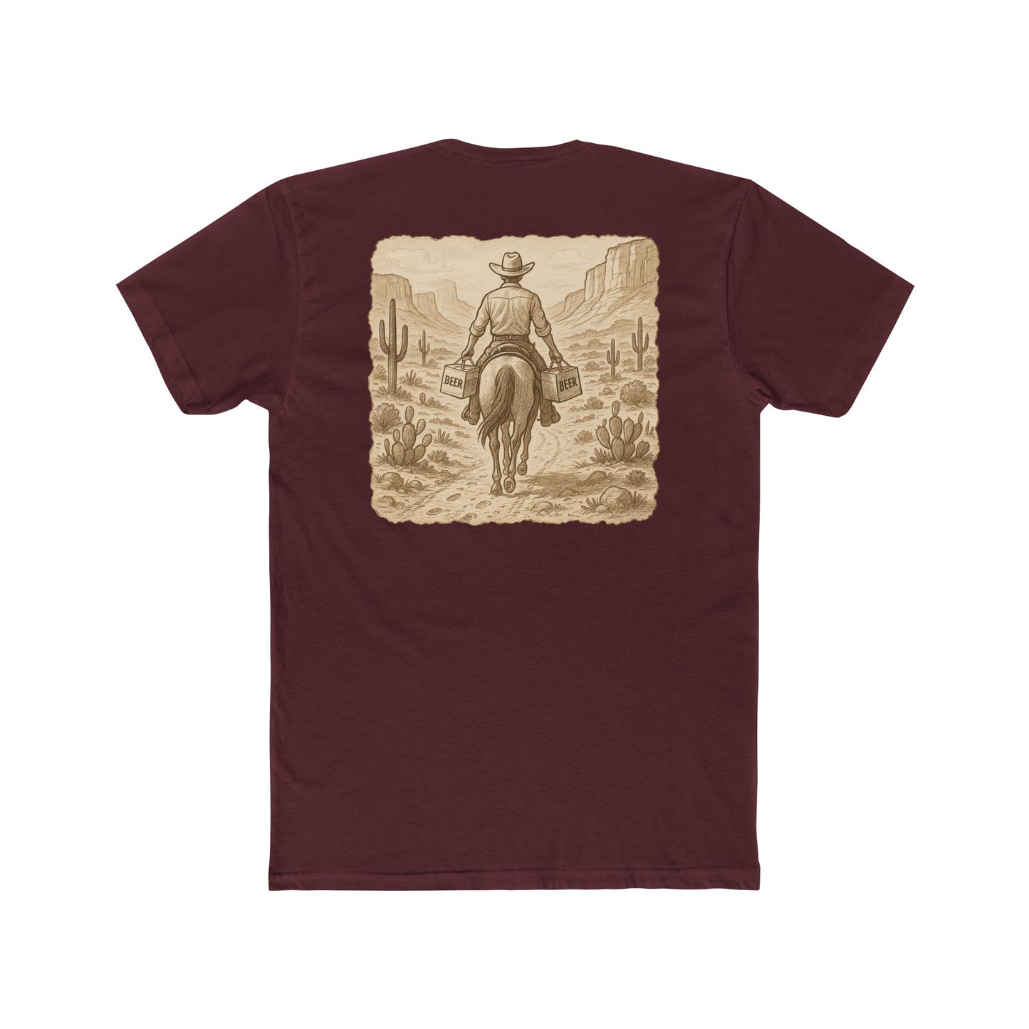 Maroon t-shirt with graphic of cowboy riding a horse through the desert holding two twelve packs of beer #maroon