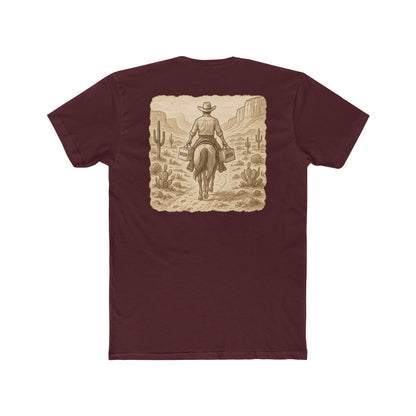 Maroon t-shirt with graphic of cowboy riding a horse through the desert holding two twelve packs of beer #maroon