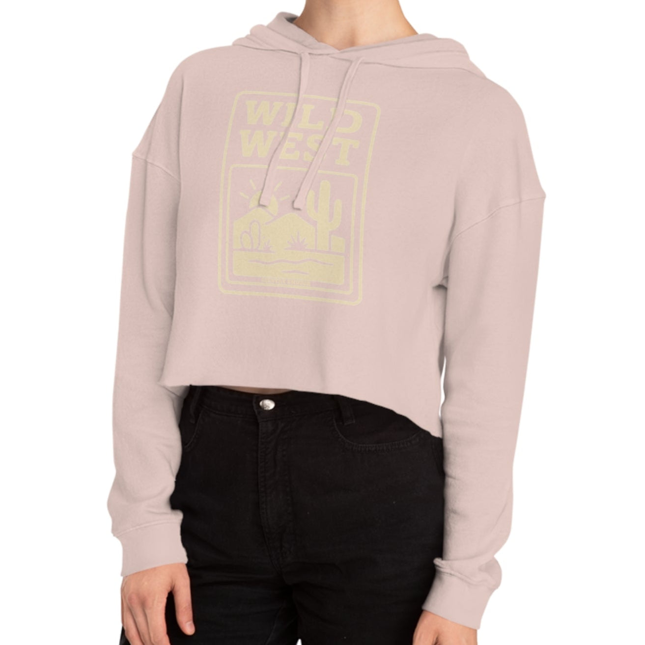Pale Pink hoodie with sunset, desert landscape, and wild west text graphic #palepink