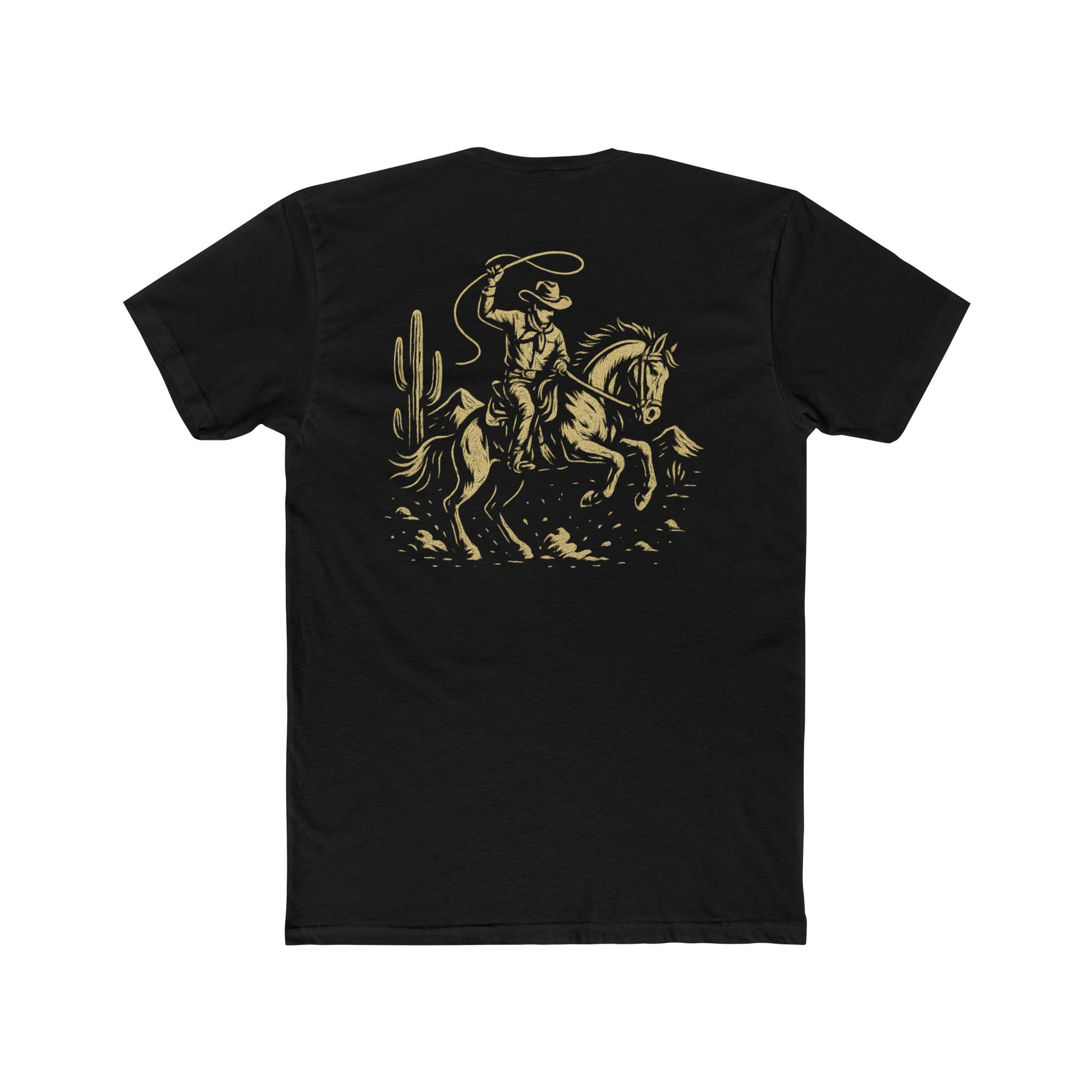 Black t-shirt with graphic of monochrome horse rider, lasso, and western landscape #black
