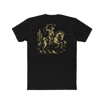 Black t-shirt with graphic of monochrome horse rider, lasso, and western landscape #black