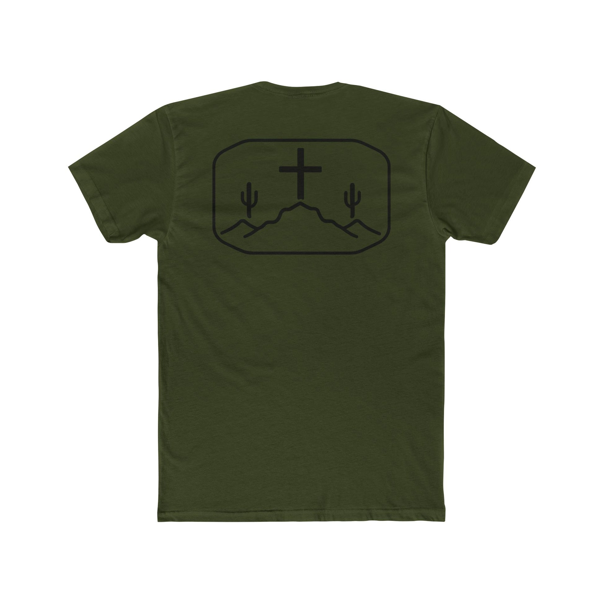 Military Green t-shirt with cross, cacti, and mountains graphic #militarygreen