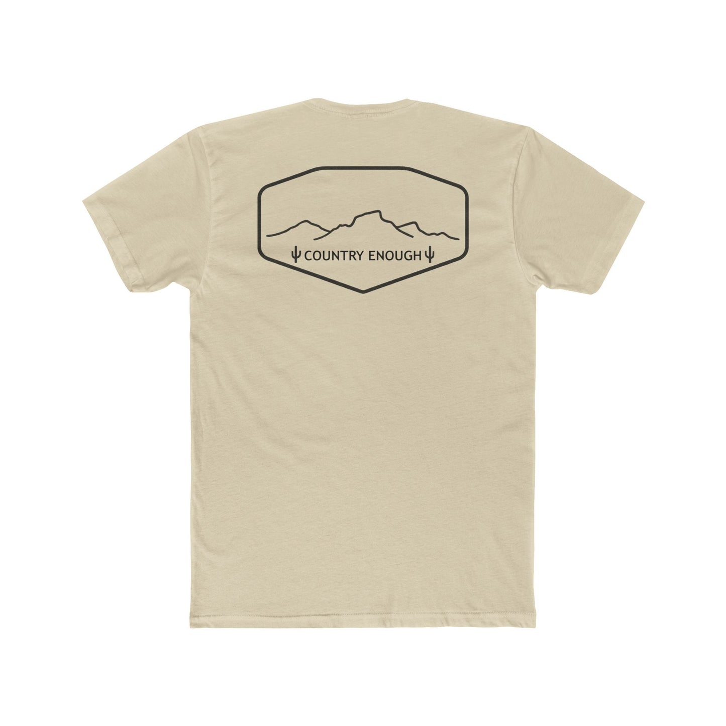Cream t-shirt with graphic of a line mountain drawing, cacti and the words Country Enough #cream
