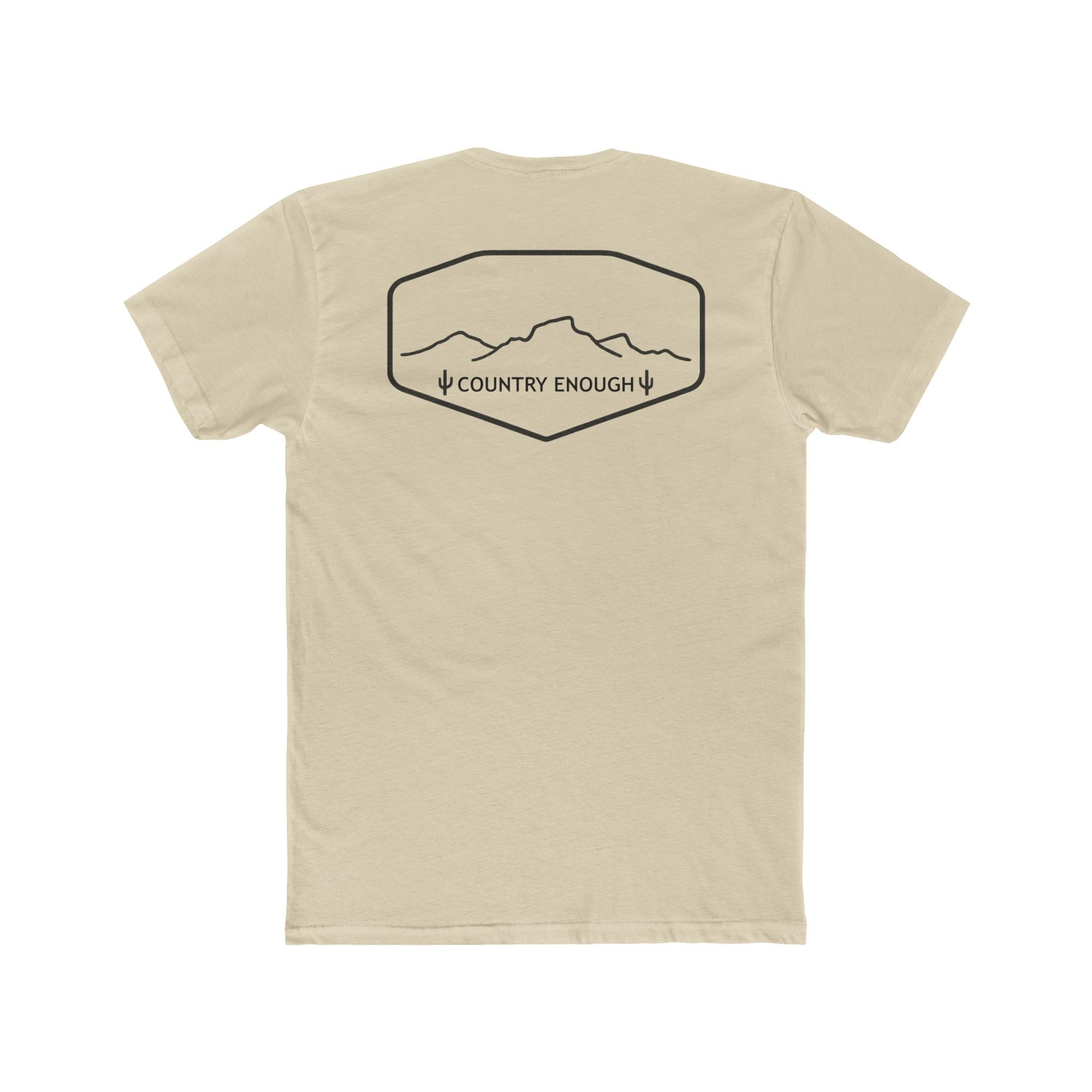 Cream t-shirt with graphic of a line mountain drawing, cacti and the words Country Enough #cream