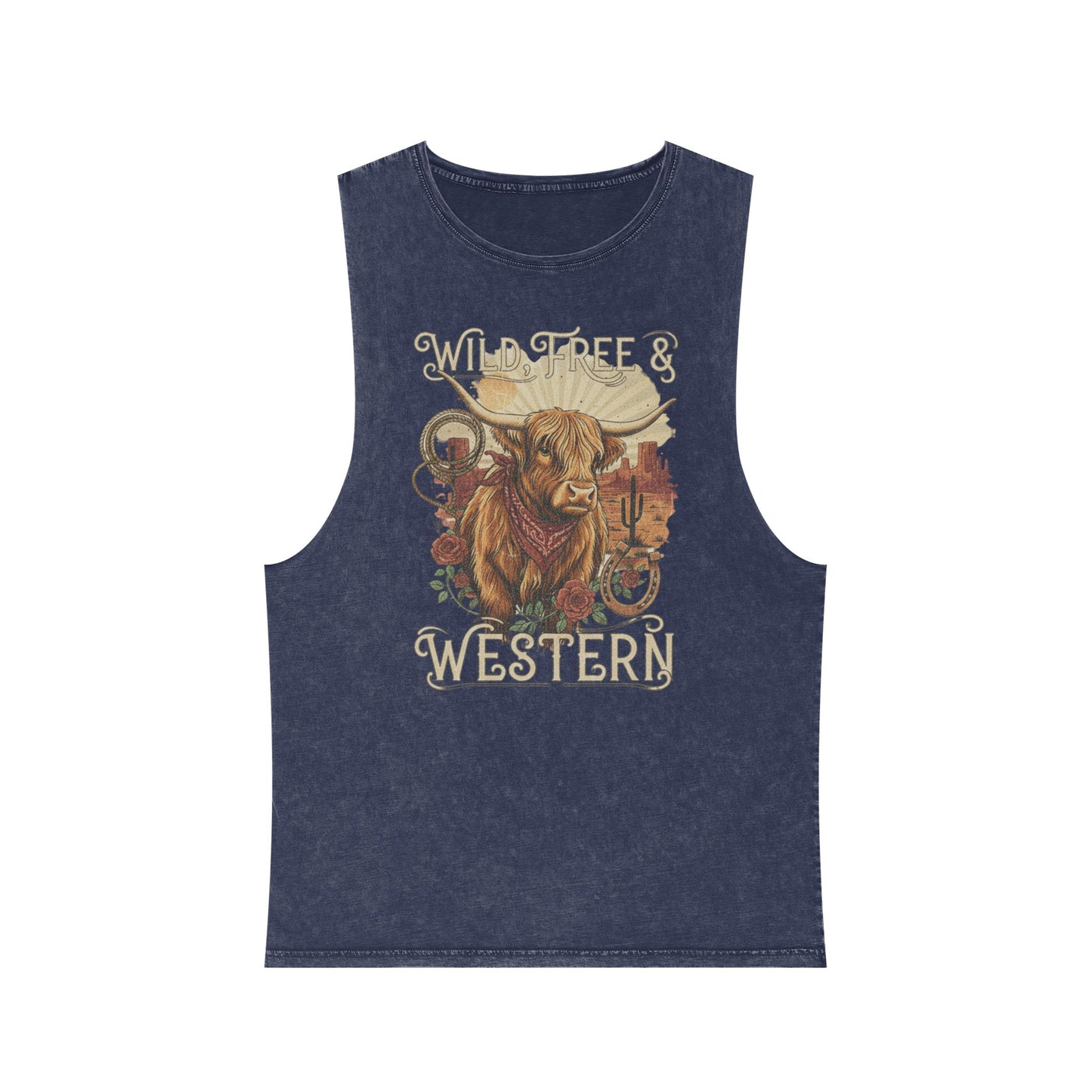 Blue Stone distressed wash tank top with a highland cow, desert landscape graphic #bluestone