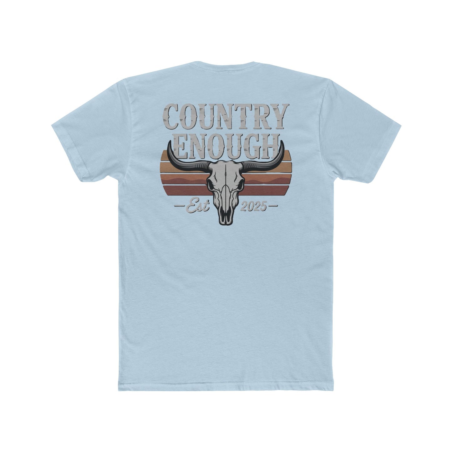 Light Blue t-shirt with vintage retro graphic of a bull skull and words country enough EST 2025 #lightblue