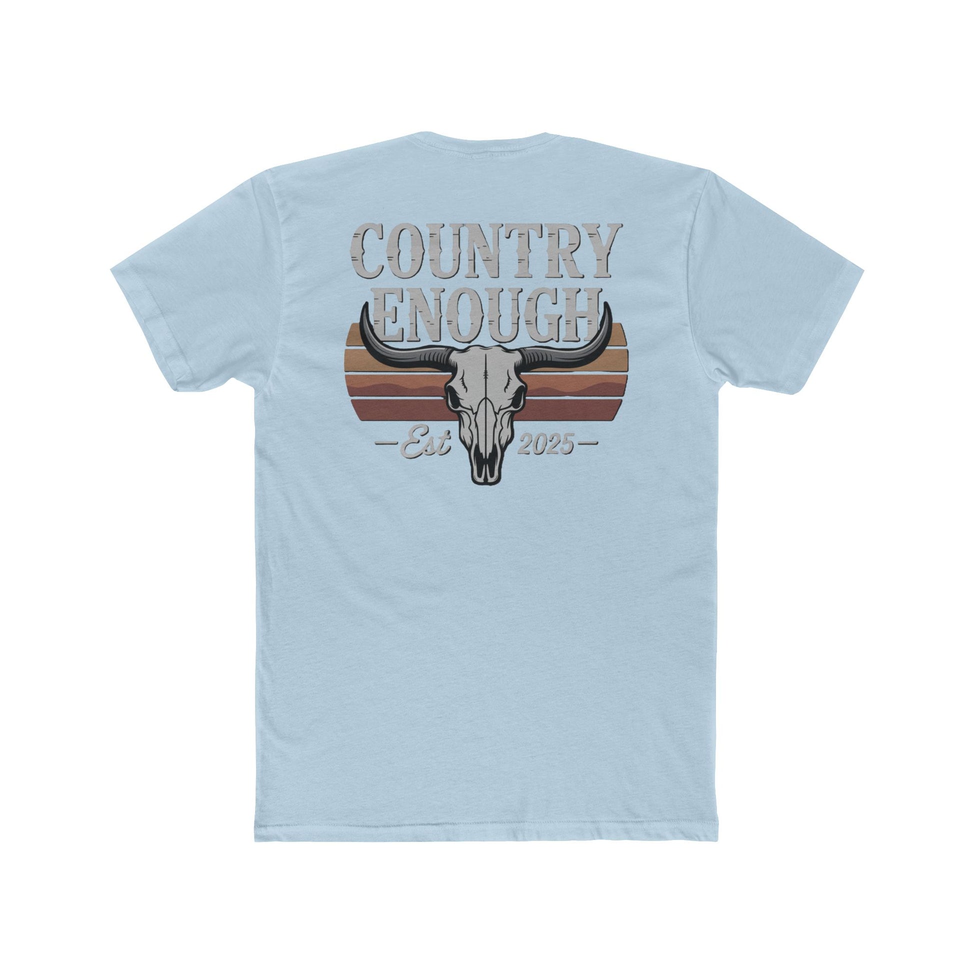 Light Blue t-shirt with vintage retro graphic of a bull skull and words country enough EST 2025 #lightblue