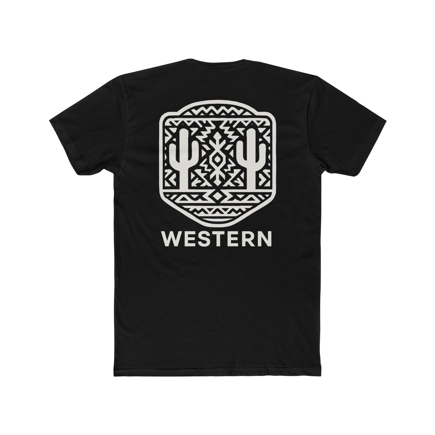 Black t-shirt with aztec pattern and cacti inside a geometric border with word western across the bottom #black