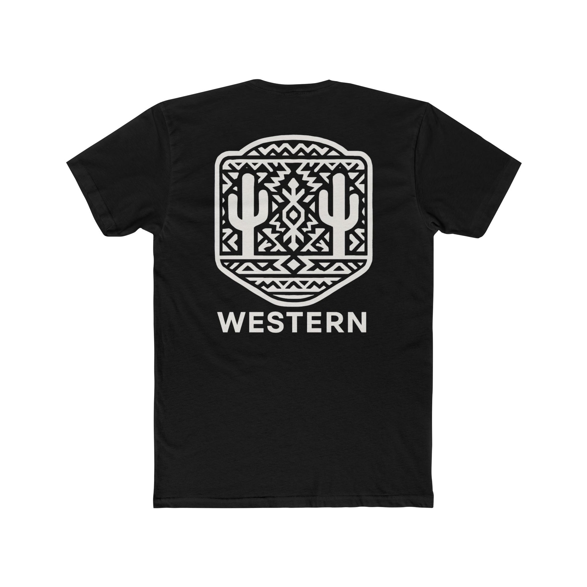 Black t-shirt with aztec pattern and cacti inside a geometric border with word western across the bottom #black