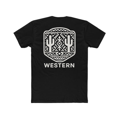 Black t-shirt with aztec pattern and cacti inside a geometric border with word western across the bottom #black