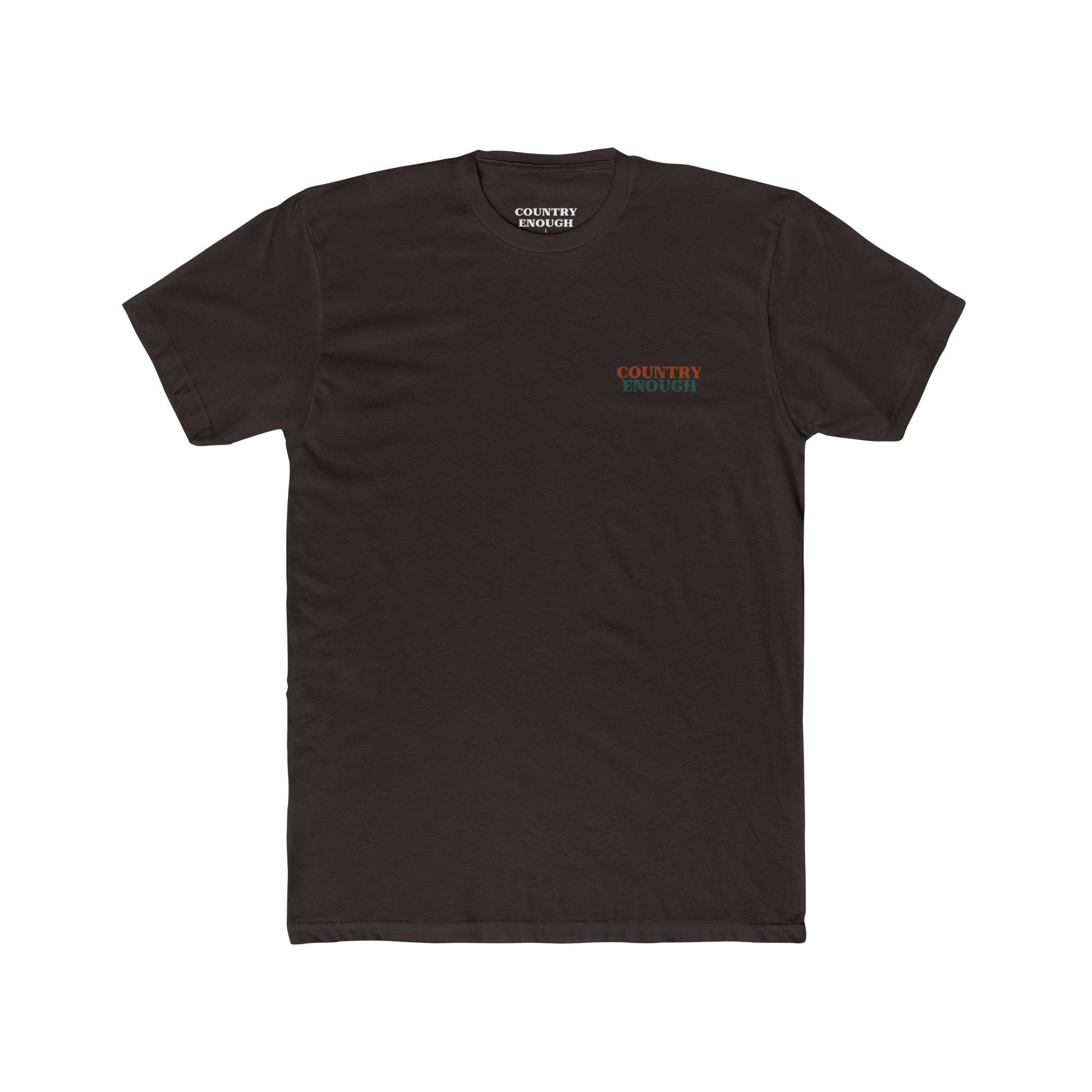 Dark Brown t-shirt with graphic of mirrored cacti surrounded by aztec pattern and enclosed in a geometric border with word western below #darkbrown