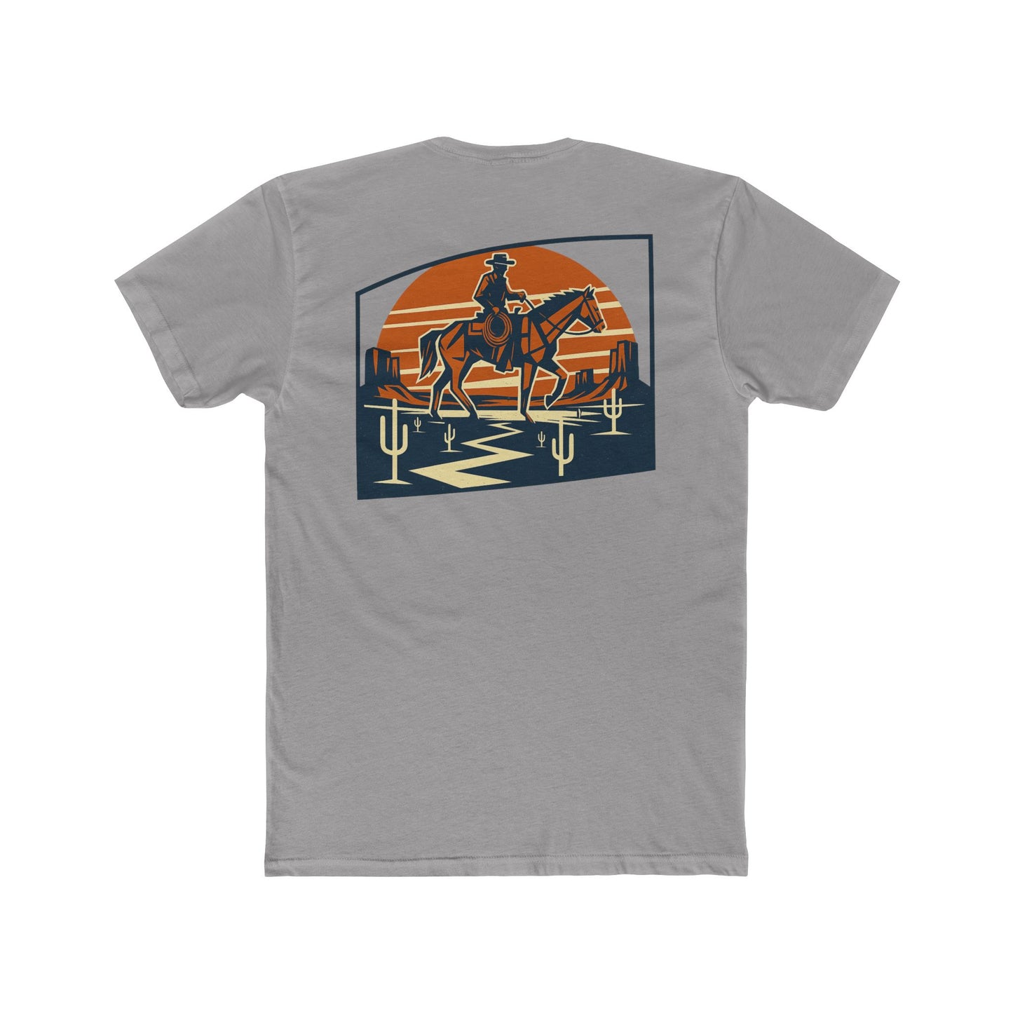 Gray t-shirt with graphic design containing horse and rider, desert, mountains, and cactus #gray