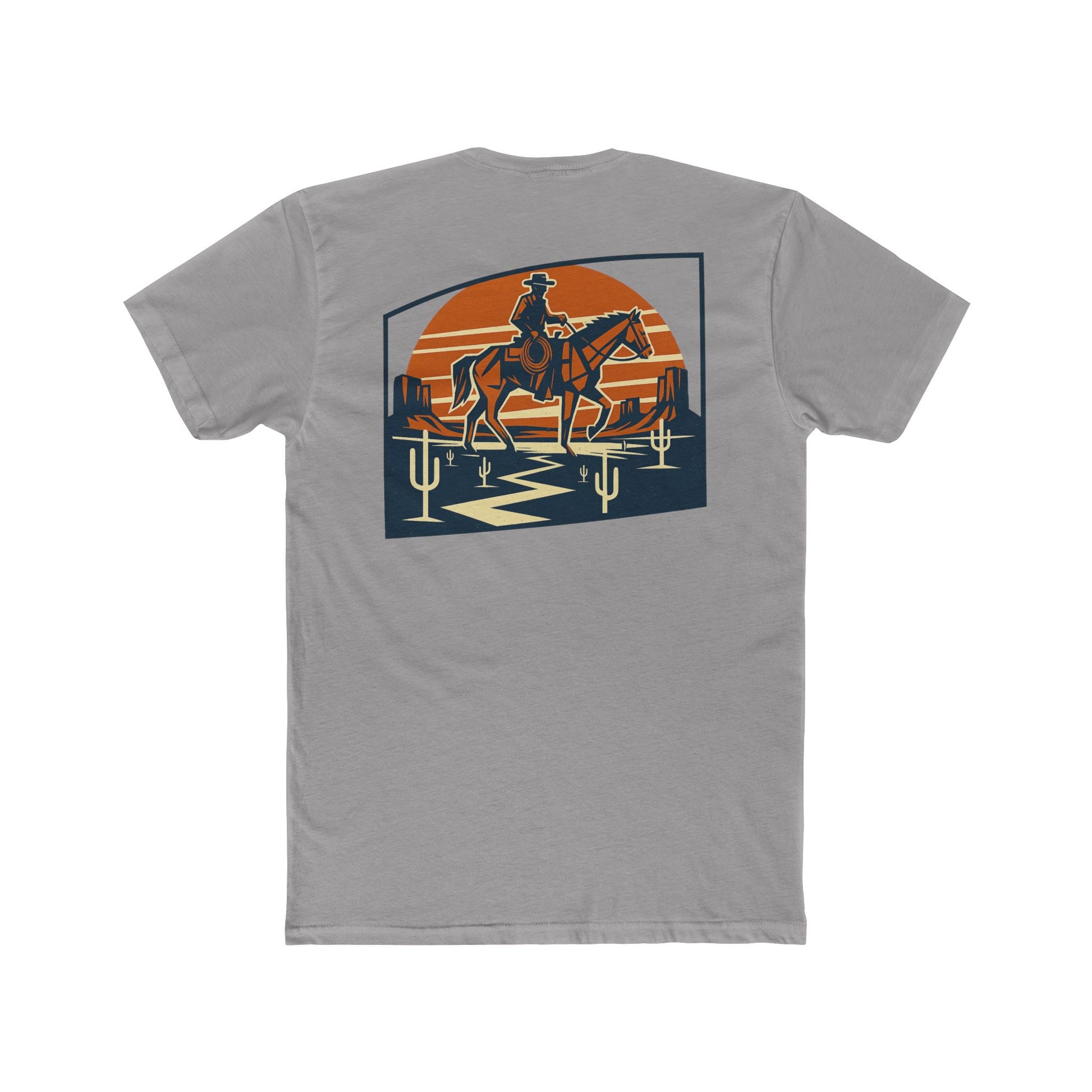 Gray t-shirt with graphic design containing horse and rider, desert, mountains, and cactus #gray