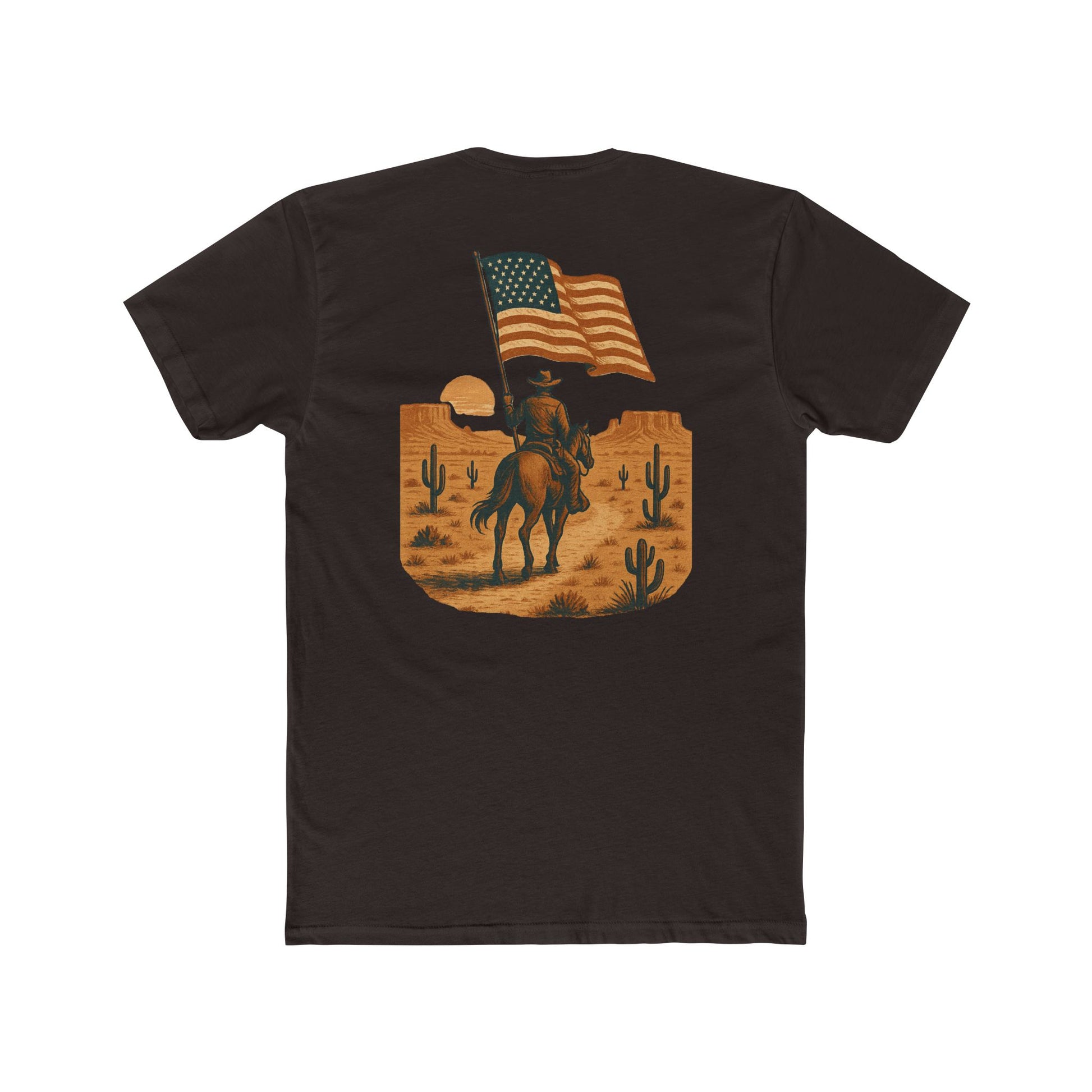 Dark Brown t-shirt with graphic of western horse and rider holding the American flag in the desert with cacti at sunset #darkbrown
