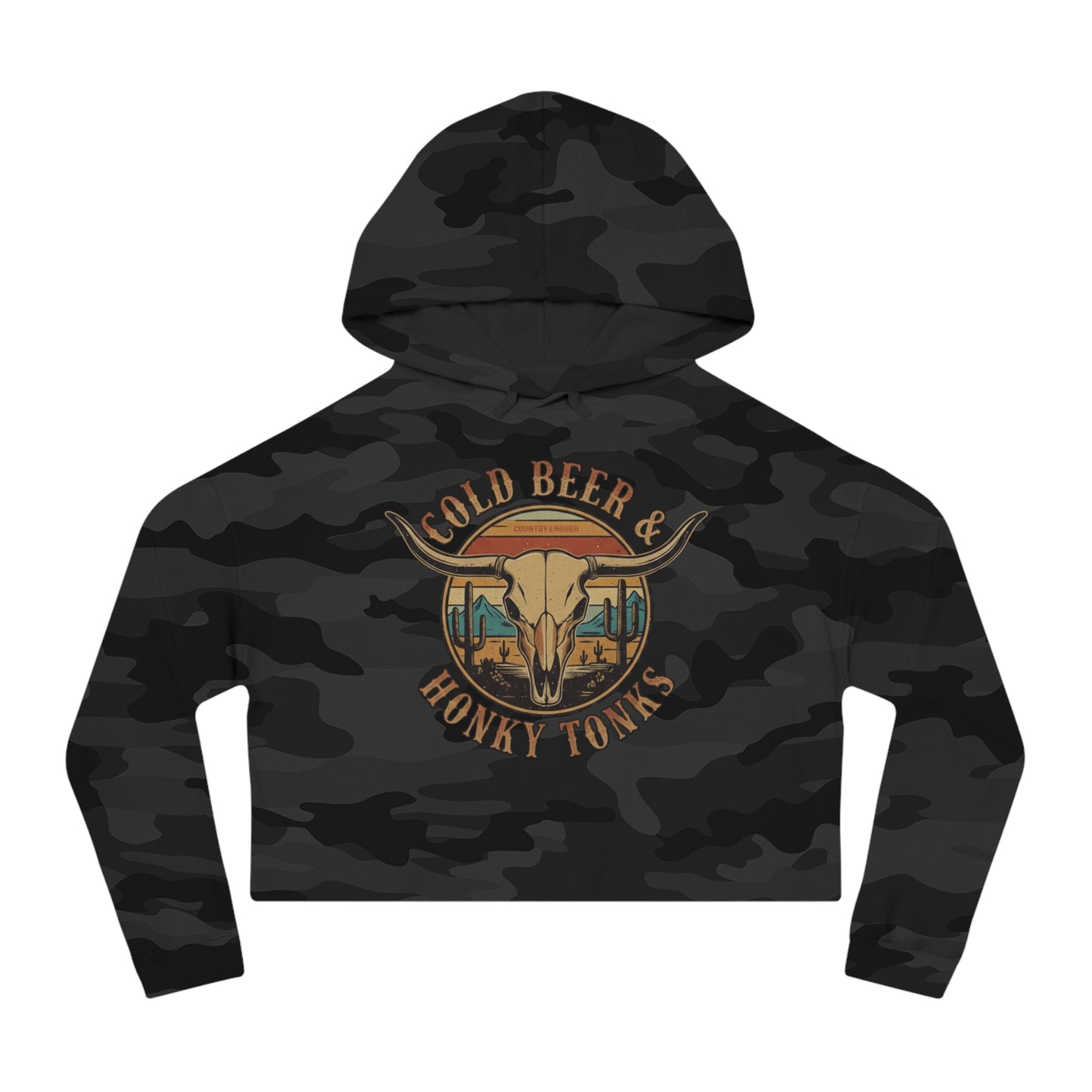 Black Camo crop hoodie with graphic of longhorn, cacti, and mountains over a retro background with words cold beer and honky tonks #blackcamo