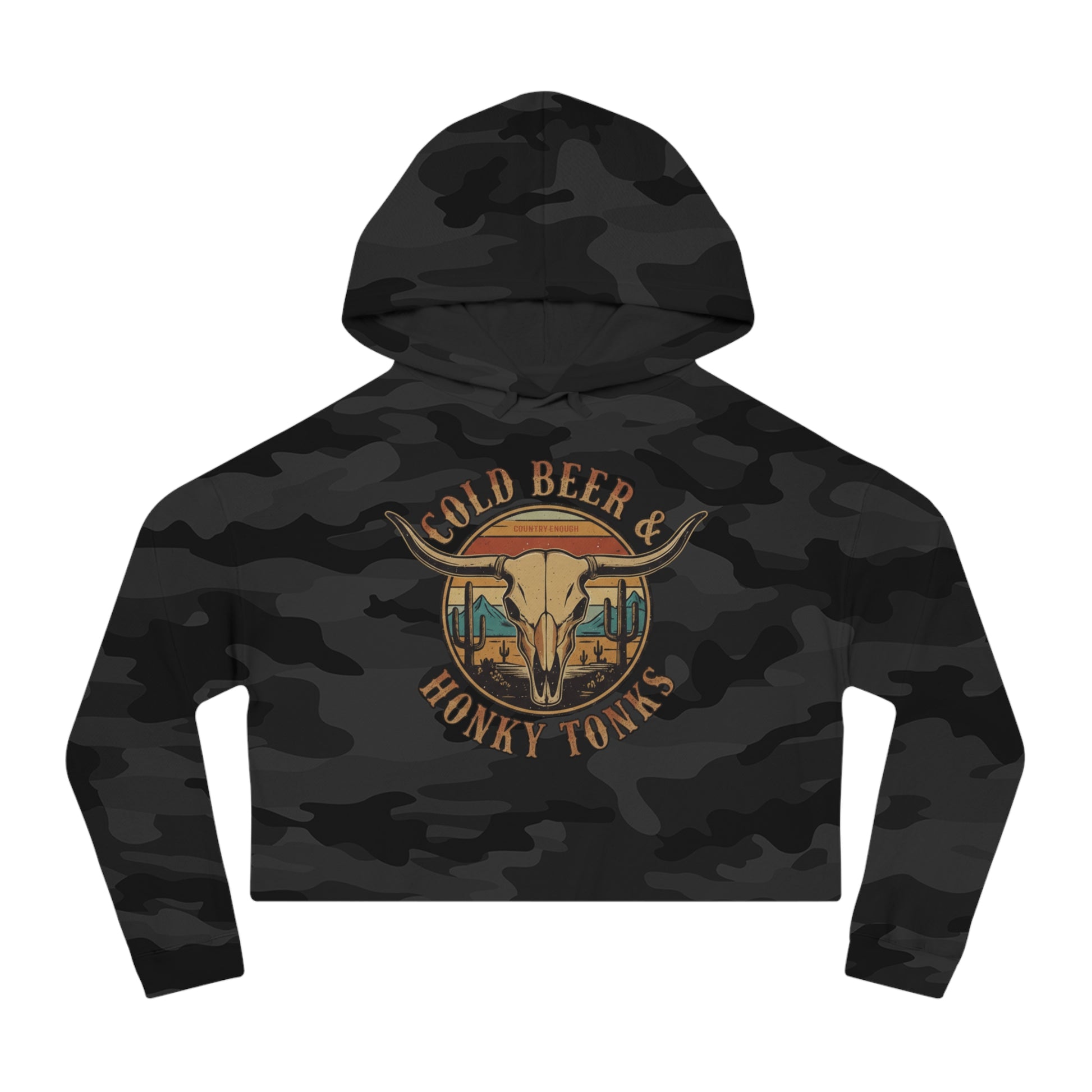 Black Camo crop hoodie with graphic of longhorn, cacti, and mountains over a retro background with words cold beer and honky tonks #blackcamo