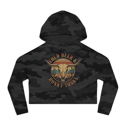 Black Camo crop hoodie with graphic of longhorn, cacti, and mountains over a retro background with words cold beer and honky tonks #blackcamo