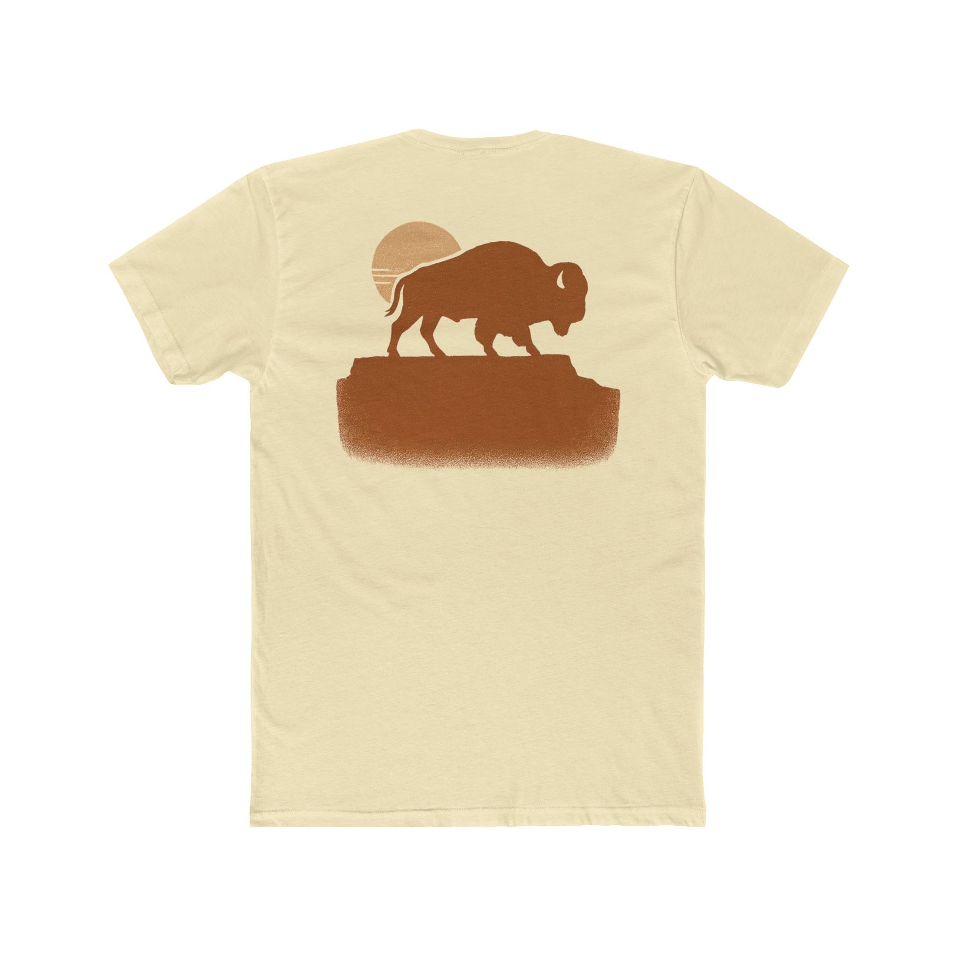 Natural t-shirt with graphic of bison atop a plateau and the sun behind #natural