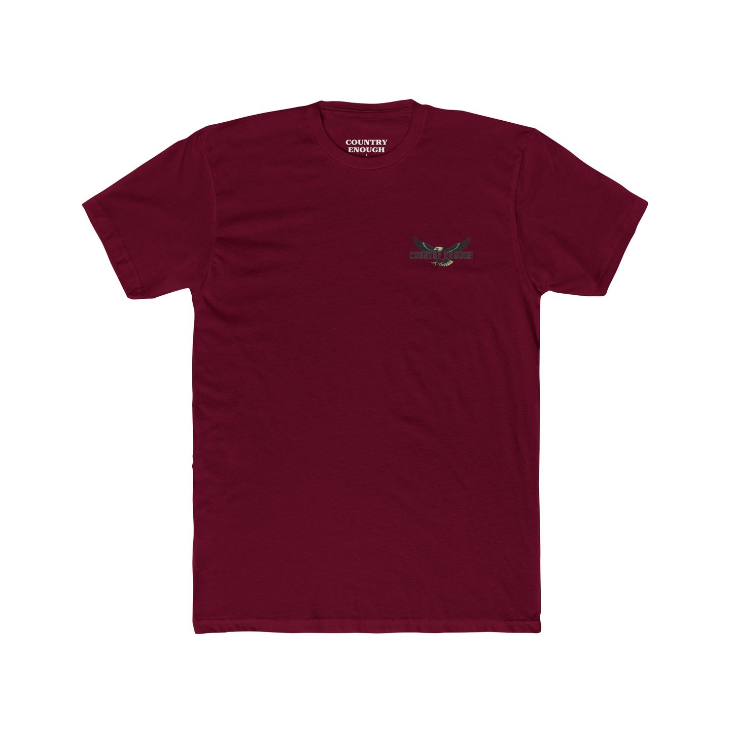 Maroon t-shirt featuring graphic of an eagle, mountains, and the words American Frontier Est 1776 #maroon