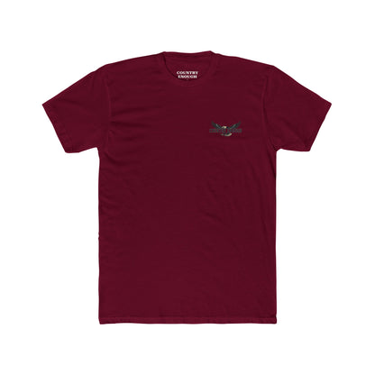 Maroon t-shirt featuring graphic of an eagle, mountains, and the words American Frontier Est 1776 #maroon