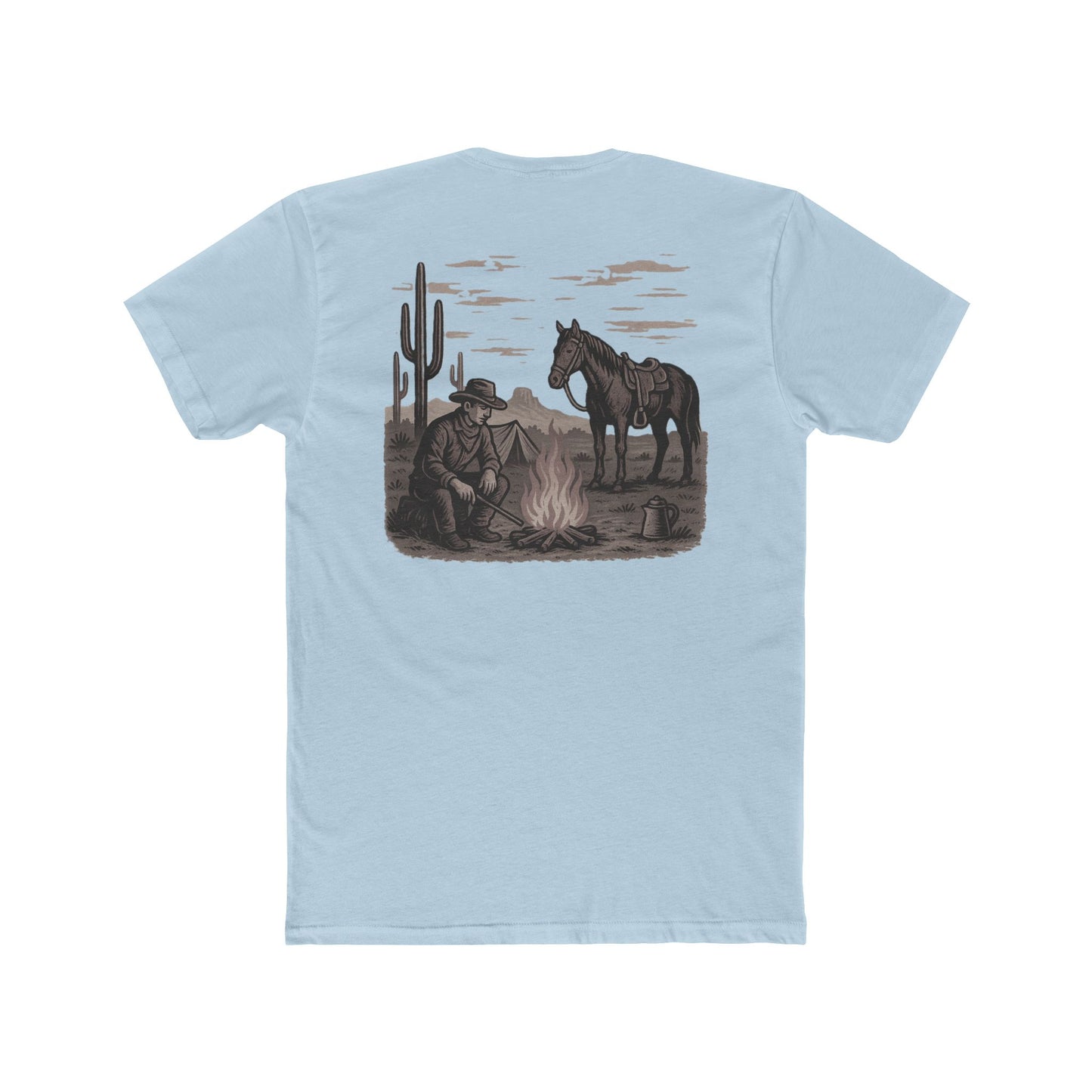 Light Blue t-shirt with graphic of cowboy and horse sitting at a campfire in a desert landscape #lightblue