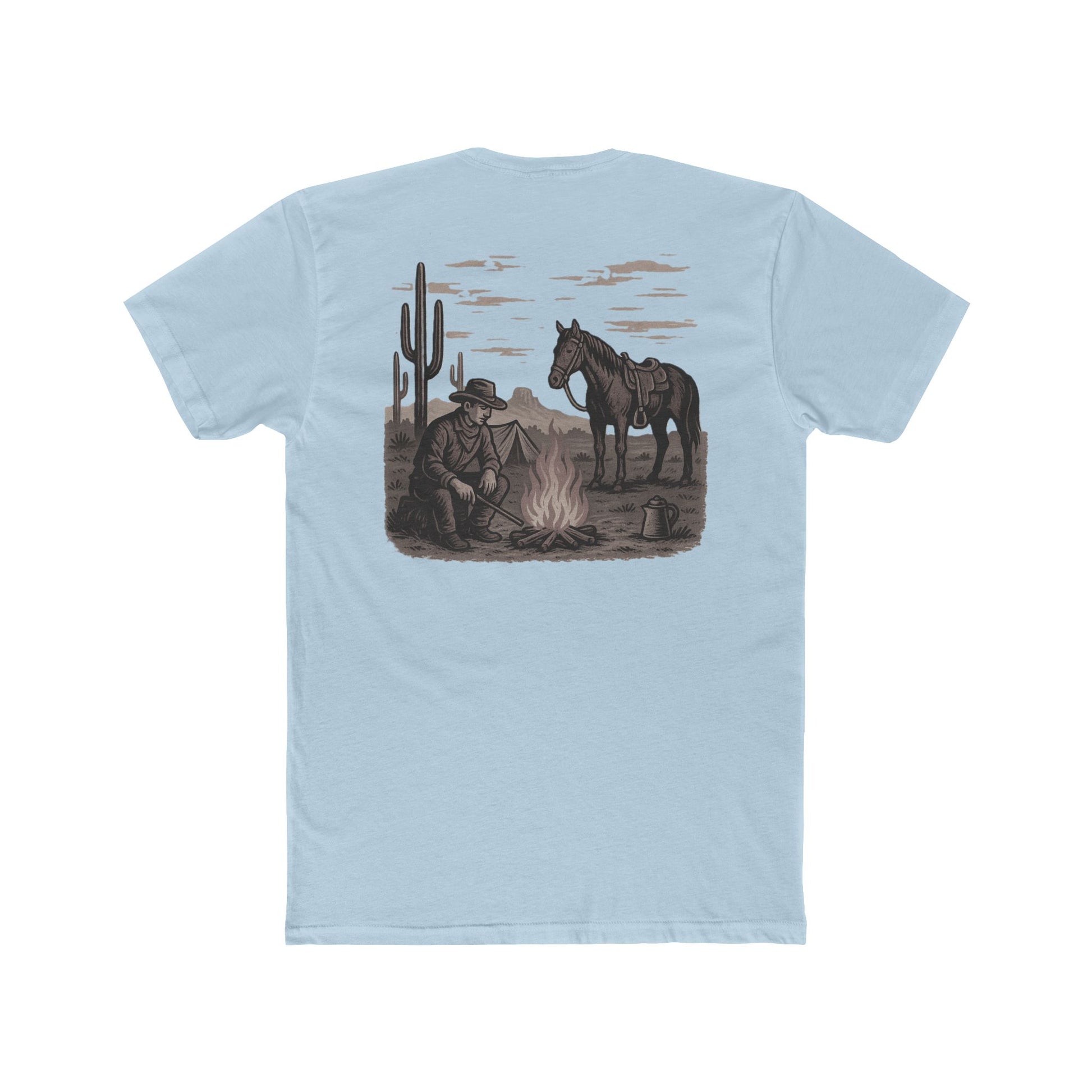 Light Blue t-shirt with graphic of cowboy and horse sitting at a campfire in a desert landscape #lightblue
