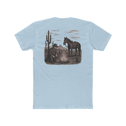 Light Blue t-shirt with graphic of cowboy and horse sitting at a campfire in a desert landscape #lightblue