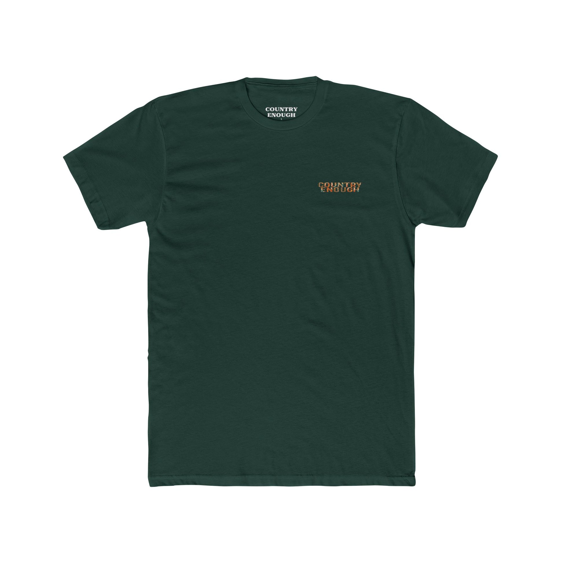 Forest Green t-shirt with graphic of a campfire, bird, sun, cacti, and mountains in the desert with the words roam wide #forestgreen