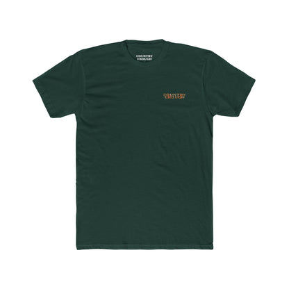 Forest Green t-shirt with graphic of a campfire, bird, sun, cacti, and mountains in the desert with the words roam wide #forestgreen