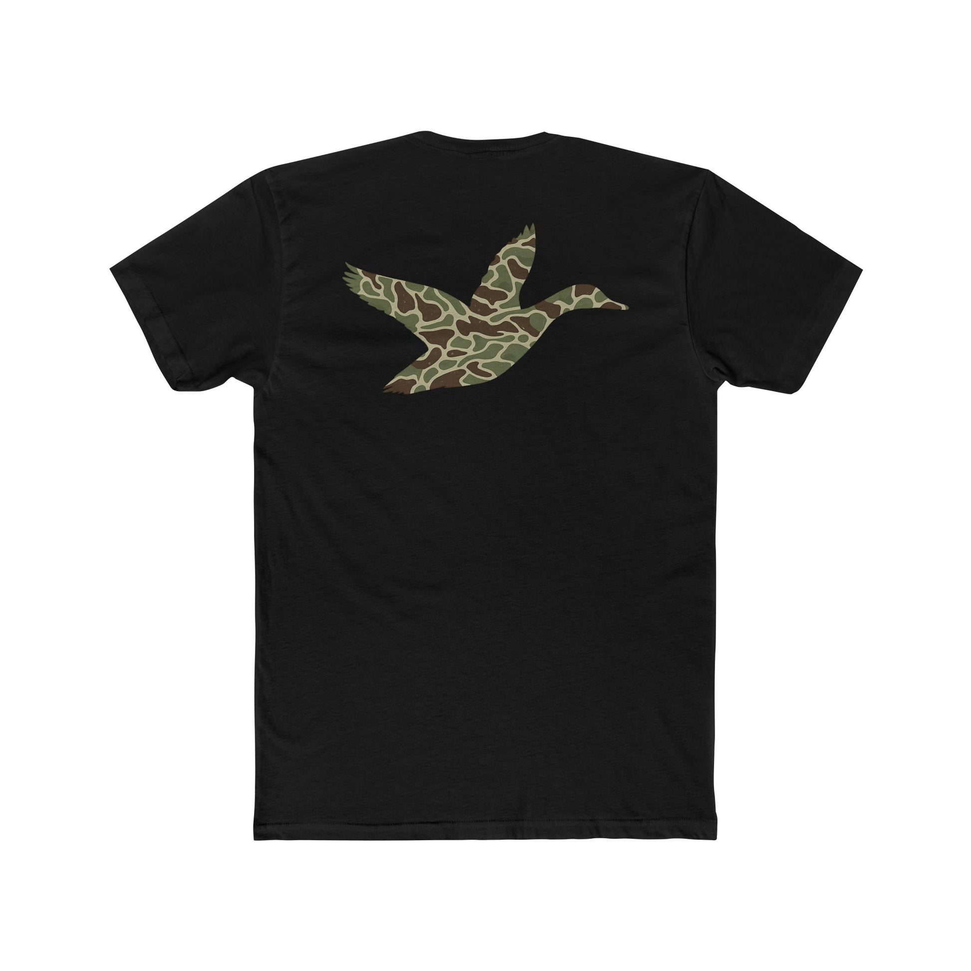 Black t-shirt with a camouflage duck design on the back #black