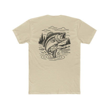 Cream t-shirt with graphic of a bass jumping out of mountainside water #cream