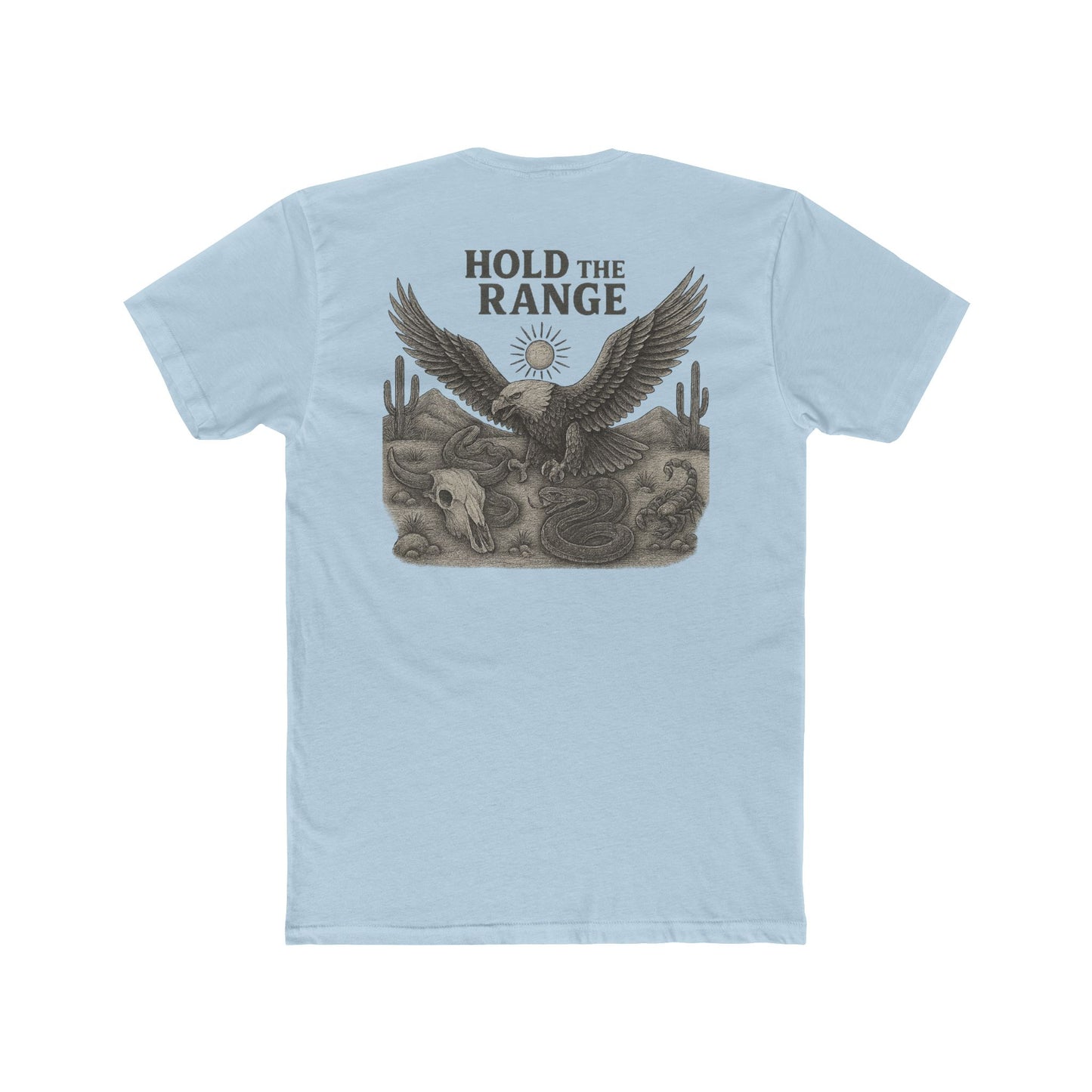 Light Blue T-Shirt with graphic of desert landscape, eagle, bull skull, cacti, scorpion, sun, and words hold the range #lightblue