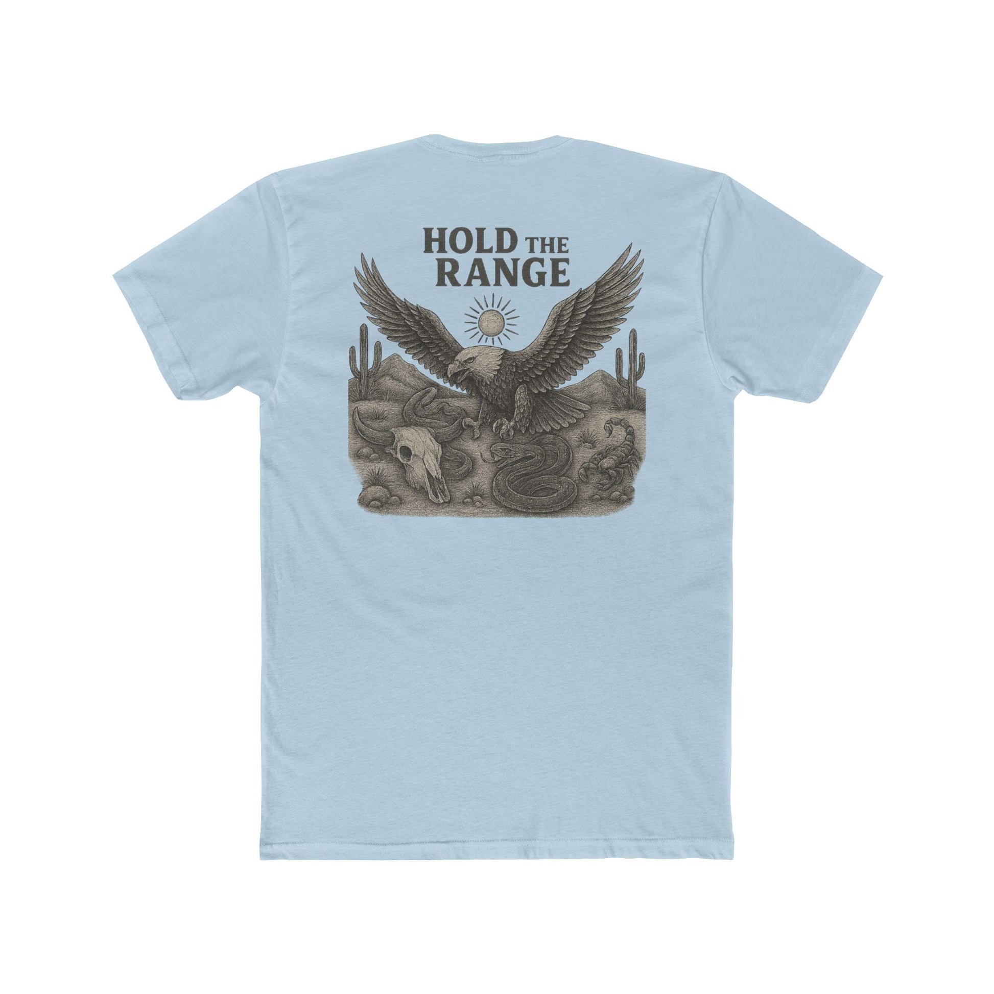 Light Blue T-Shirt with graphic of desert landscape, eagle, bull skull, cacti, scorpion, sun, and words hold the range #lightblue