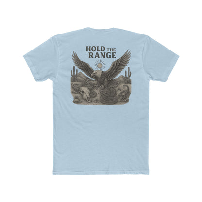 Light Blue T-Shirt with graphic of desert landscape, eagle, bull skull, cacti, scorpion, sun, and words hold the range #lightblue