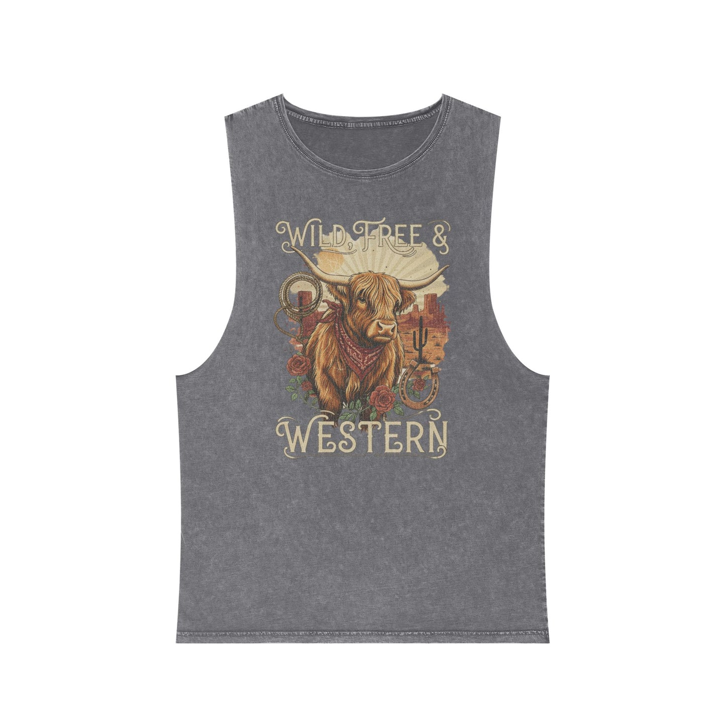 Ash Stone distressed wash tank top with a highland cow, desert landscape graphic #ashstone