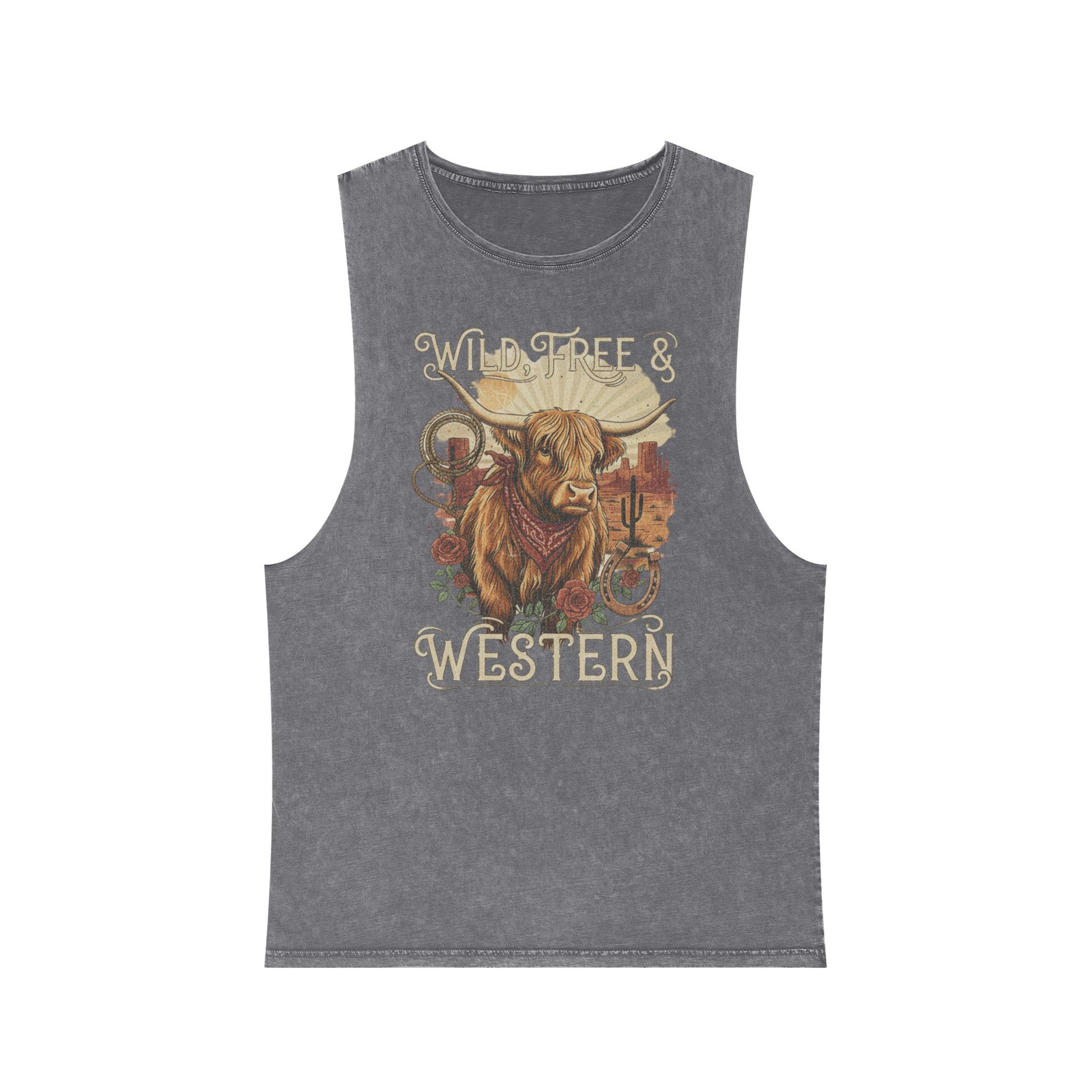 Ash Stone distressed wash tank top with a highland cow, desert landscape graphic #ashstone
