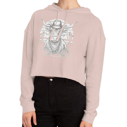 Pale Pink hoodie with white highland cow and desert landscape graphic design on a white background #palepink