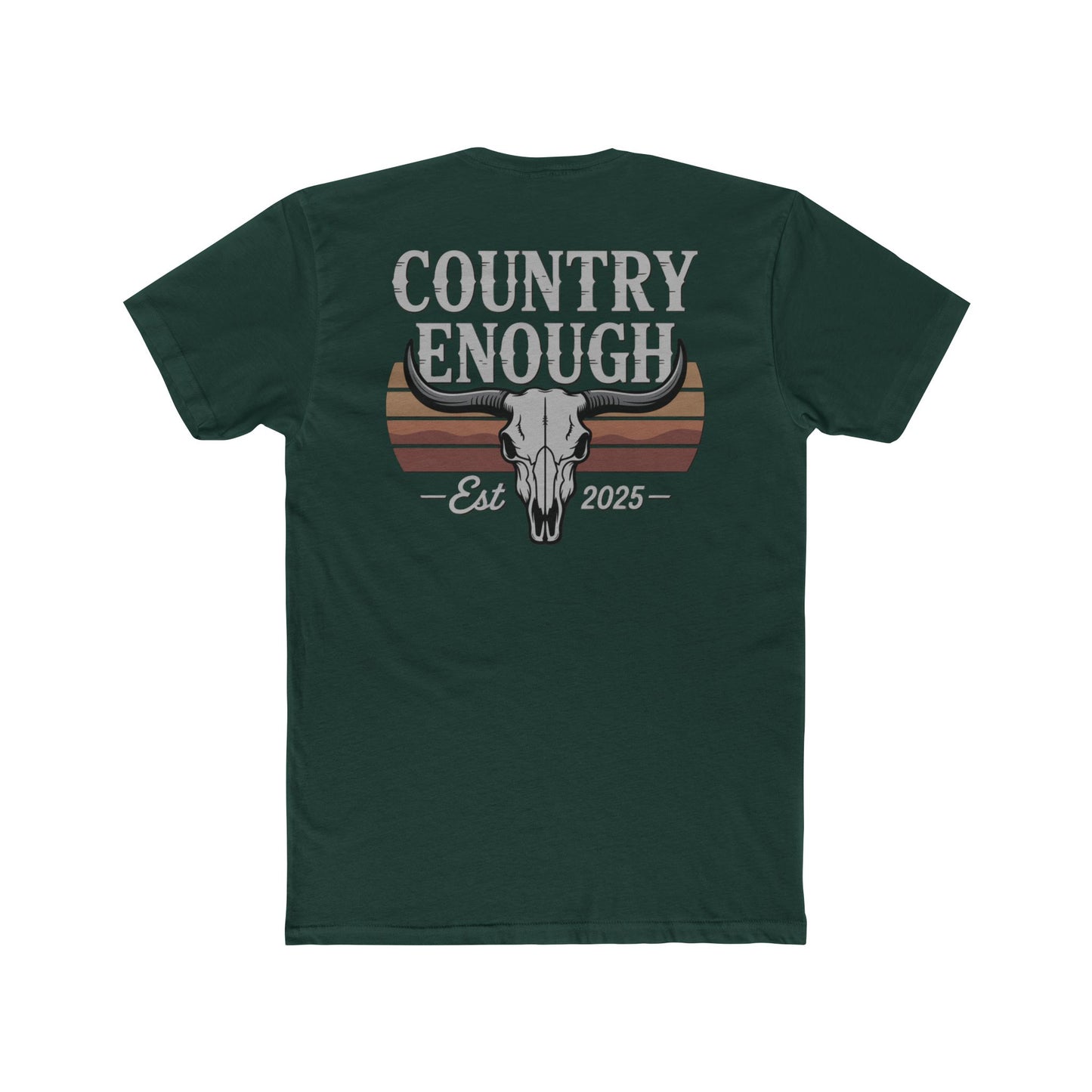 Forest Green t-shirt with vintage retro graphic of a bull skull and words country enough EST 2025 #forestgreen