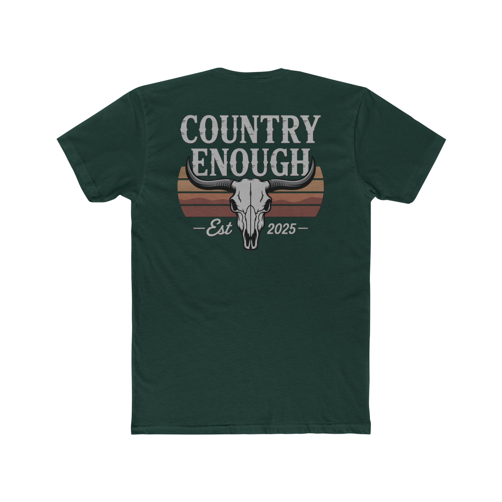 Forest Green t-shirt with vintage retro graphic of a bull skull and words country enough EST 2025 #forestgreen